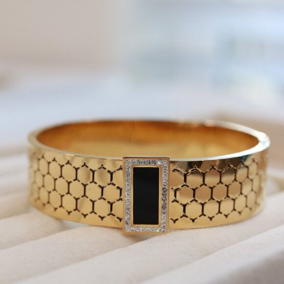 16.8mm Black/Gold with Rhinestone Behive Style Bangle Bracelet Stainless Steel - Picture 4 of 5